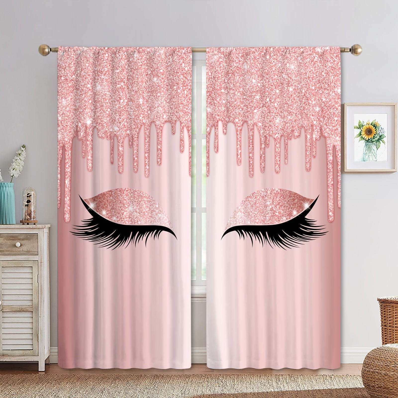 Set of Two Eyelash Printed Curtains, Rod Pocket Window Treatments for Bedroom and Living Room