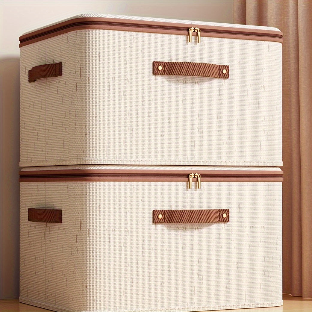 Champagne Fabric Storage Box with Lid Zipper Organizer for Clothes and Blankets Under Bed Dustproof Portable