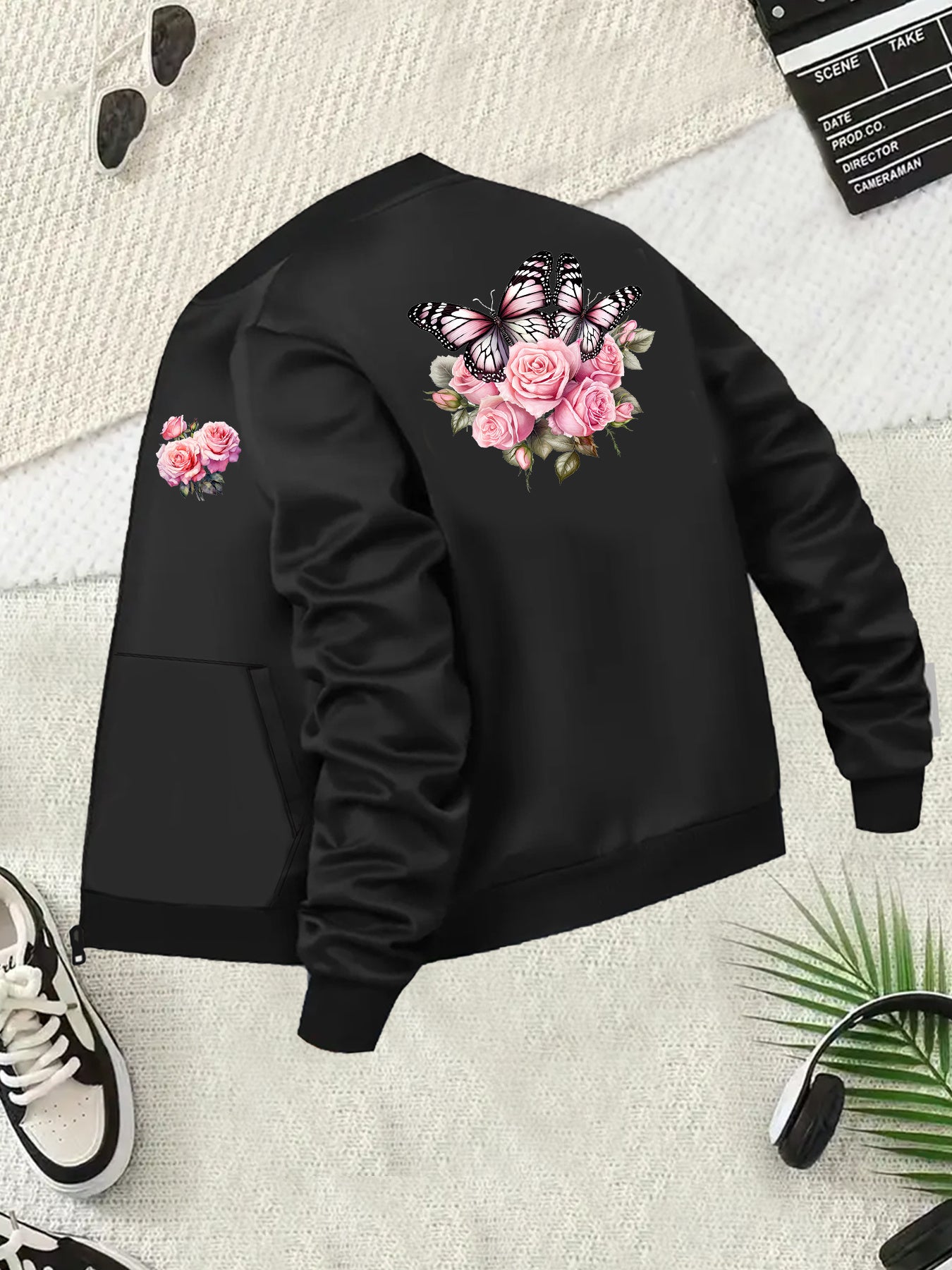 Plus Size Women's Floral Print Zip-Up Jacket Casual Long Sleeve Baseball Collar