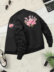 Plus Size Women's Floral Print Zip-Up Jacket Casual Long Sleeve Baseball Collar