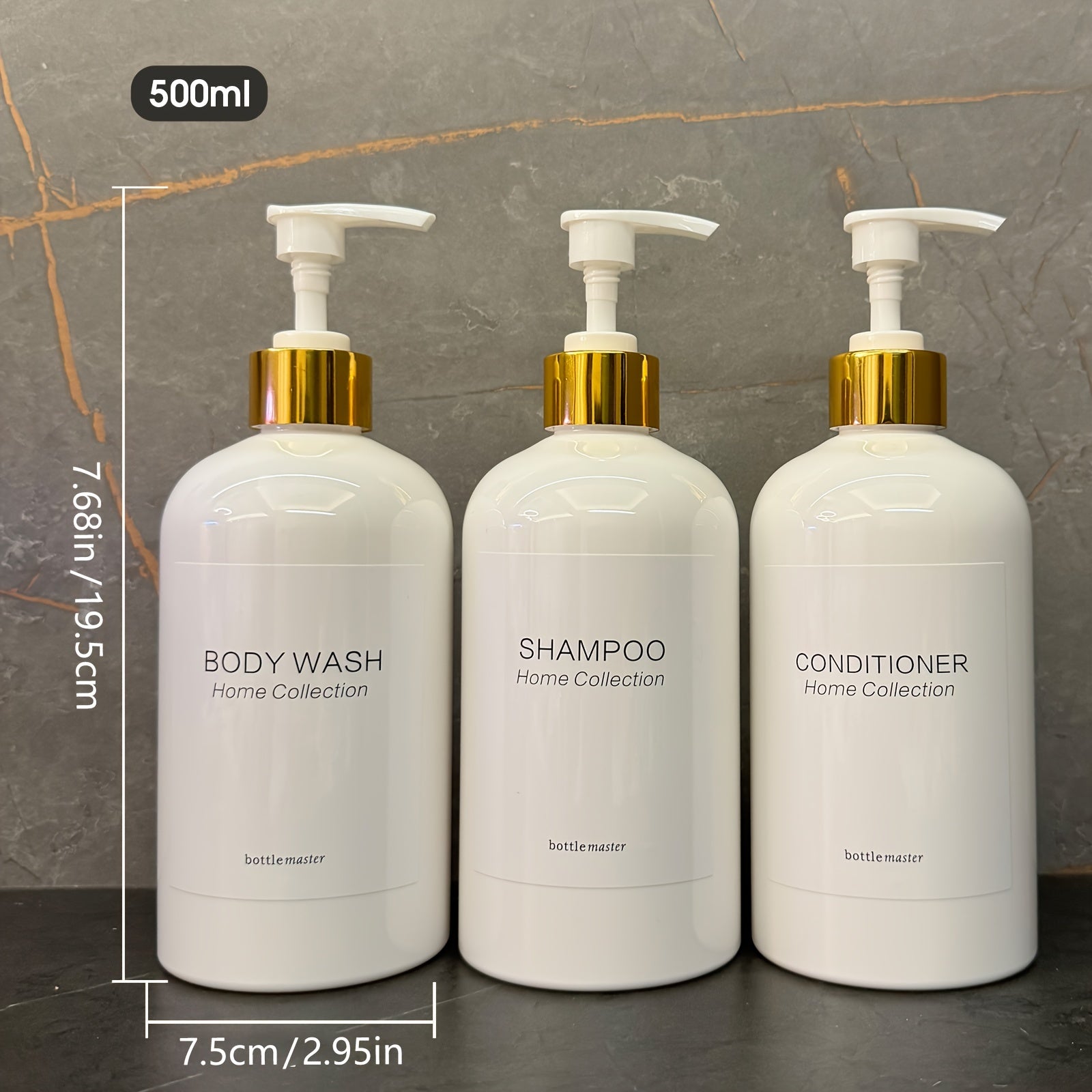 Bamboo Bathroom Dispenser Set with Wall Mount Shampoo and Conditioner Bottles (3 Pack)