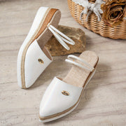 Women's White Pointed Toe Mules with Chunky Heel Slip-On Sandals