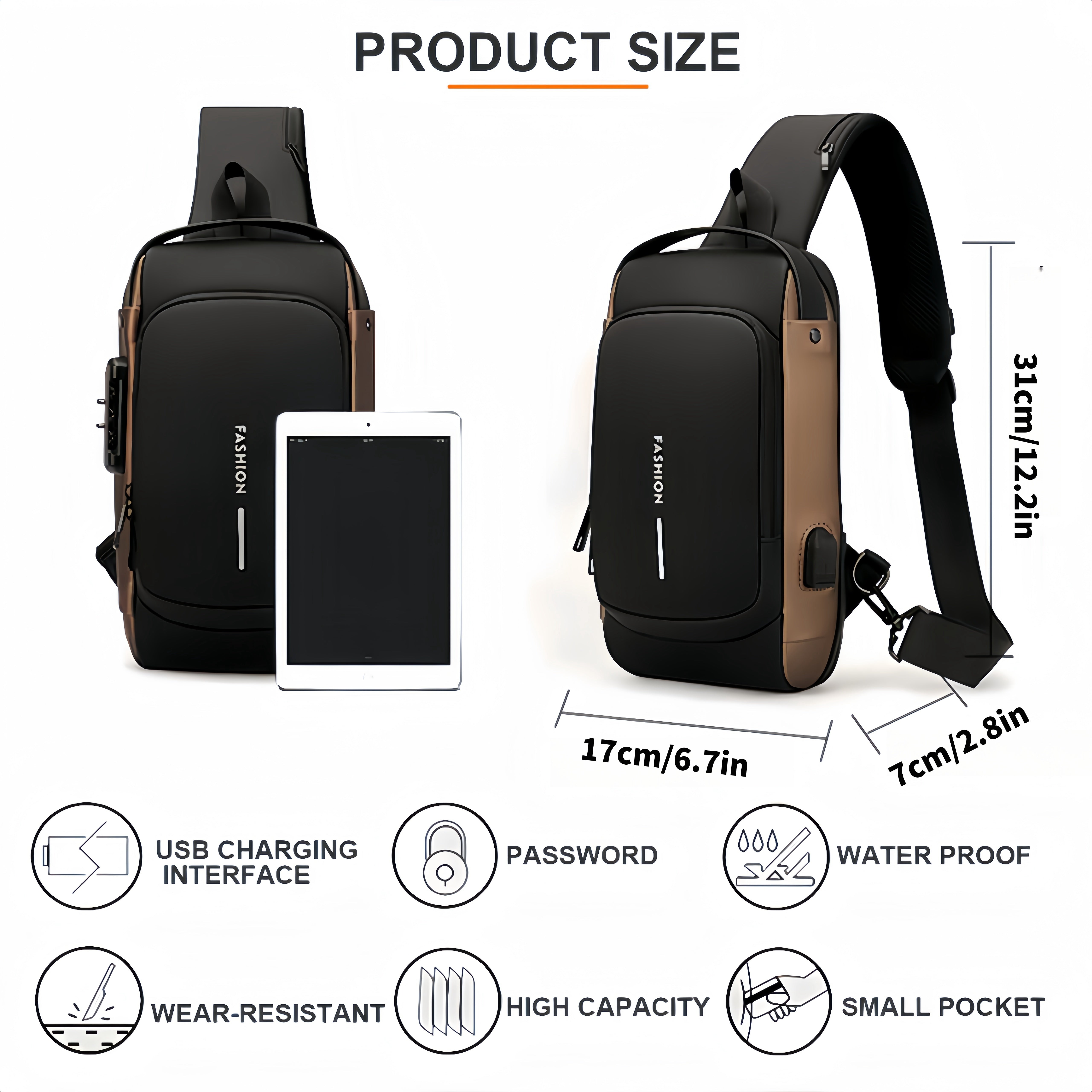 Oxford Fabric Sling Backpack with USB Port Adjustable Strap for Hiking Travel