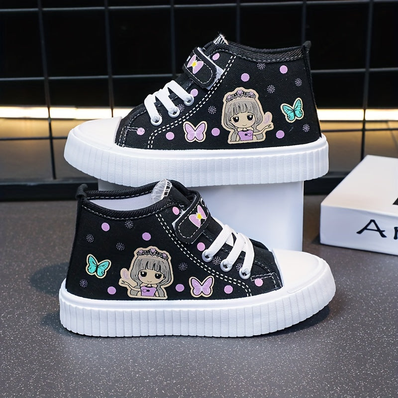 Girls' Canvas Sneakers with Cartoon Pattern, Ruffled Details, Hook-and-Loop Closure