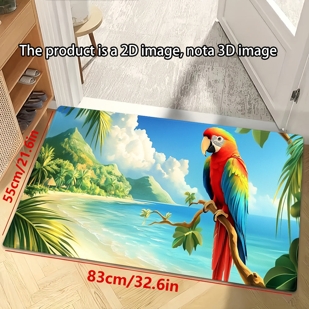 "Yorqin Parrot va Tropik Manzara bilan Ta'minlangan Oshxona Mat - Qalin, Sirpanmaydigan, Singdiruvchi, Dog' va Kiymaga Qarshi Polyesterdan Yasalgan - Oshxona, Yashash Xonasi, Porch, Balkon Dekoratsiyasi yoki Oshxona Dekoratsiyasi uchun Mukammal"