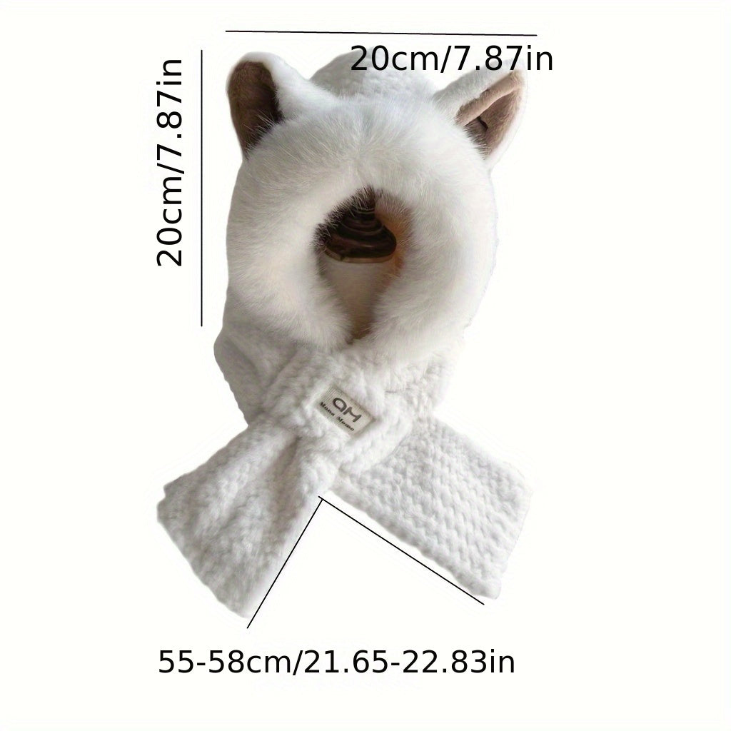 Plush Fox Ear Hat Scarf with Thick Neck Gaiter Winter Warmth Ear Protection