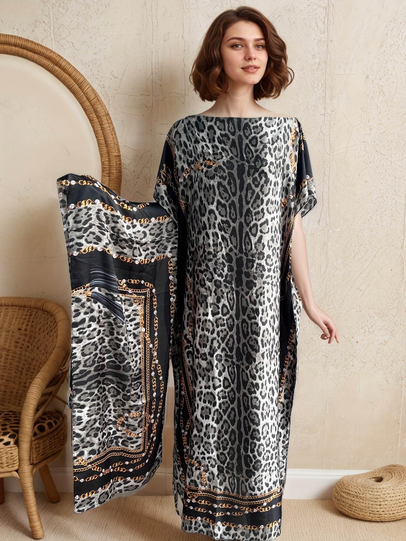 Plus Size Women’s Gray Leopard Print Batwing Sleeve Maxi Dress Casual Party Wear