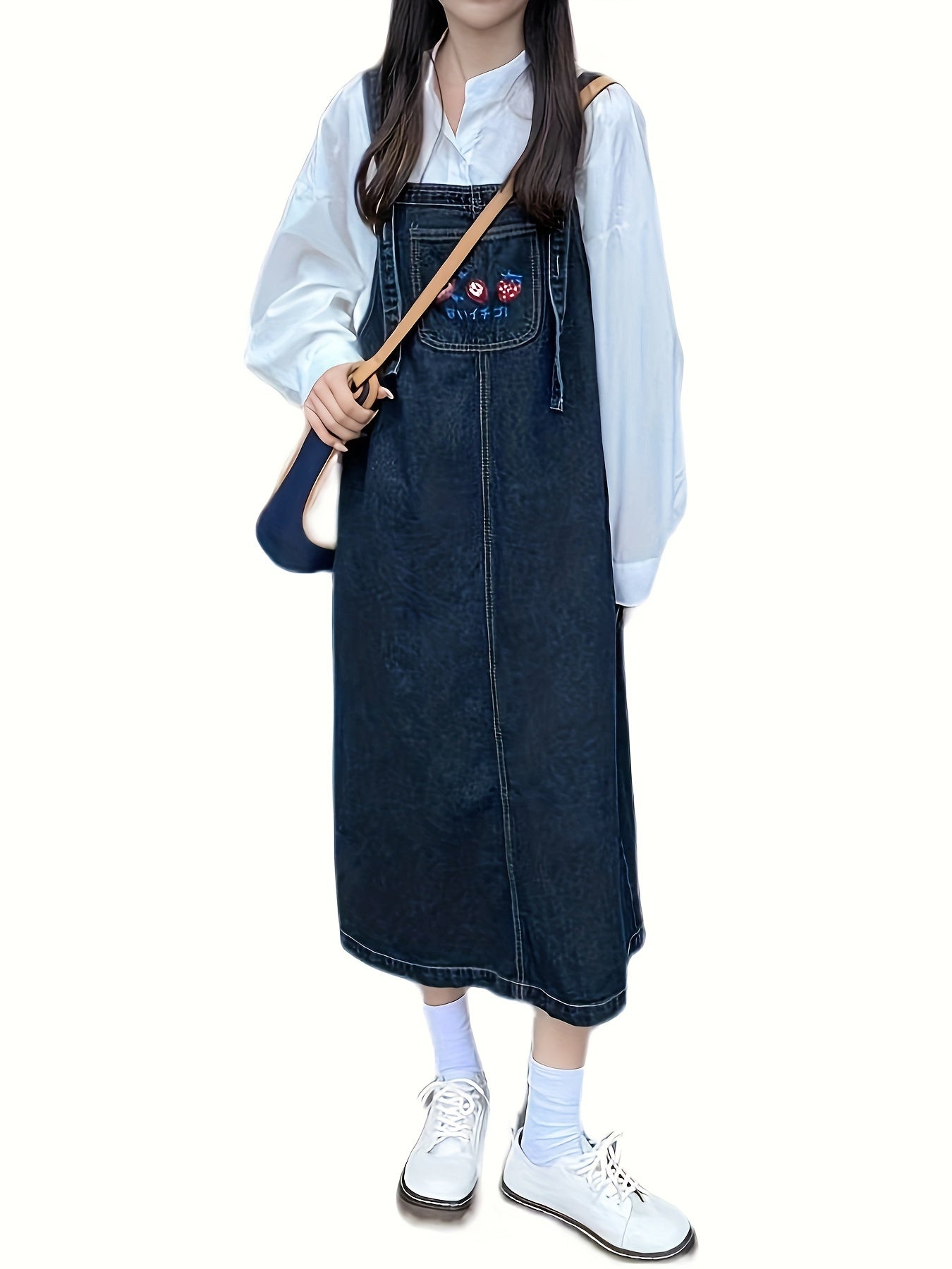 Women's Dark Wash Denim Overalls Dress with Strawberry Embroidery Pocket Casual Pinafore