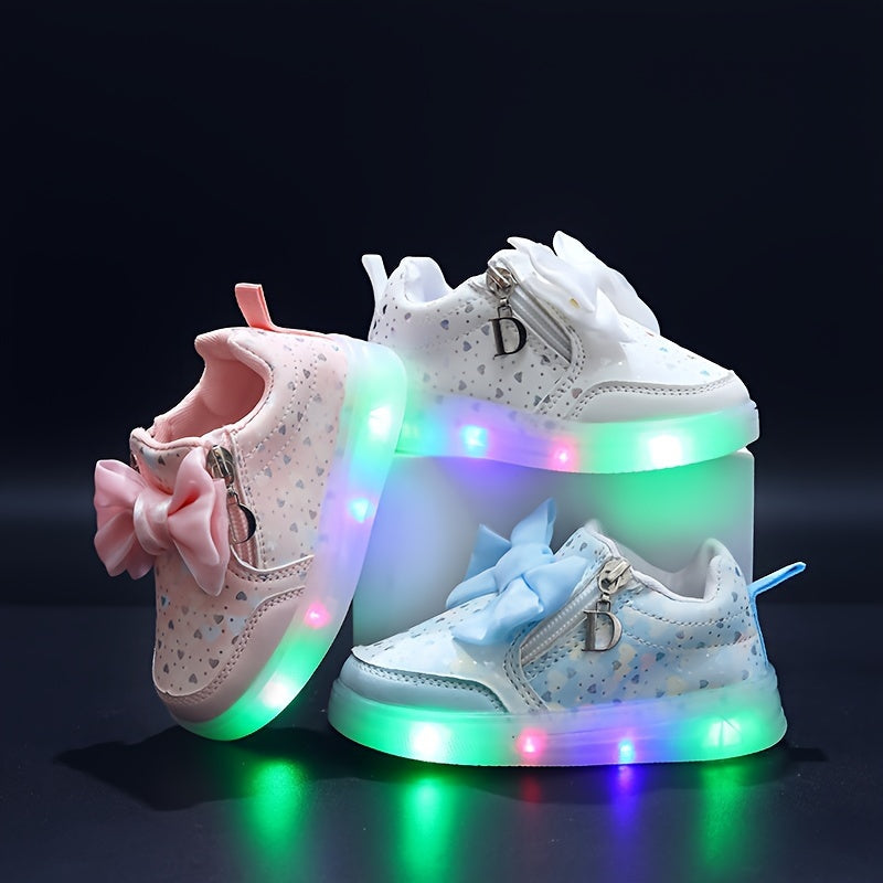 Girls LED Glow-in-the-Dark Sneakers Pink White Casual Street Style Soft Sole Round Toe Zipper Closure