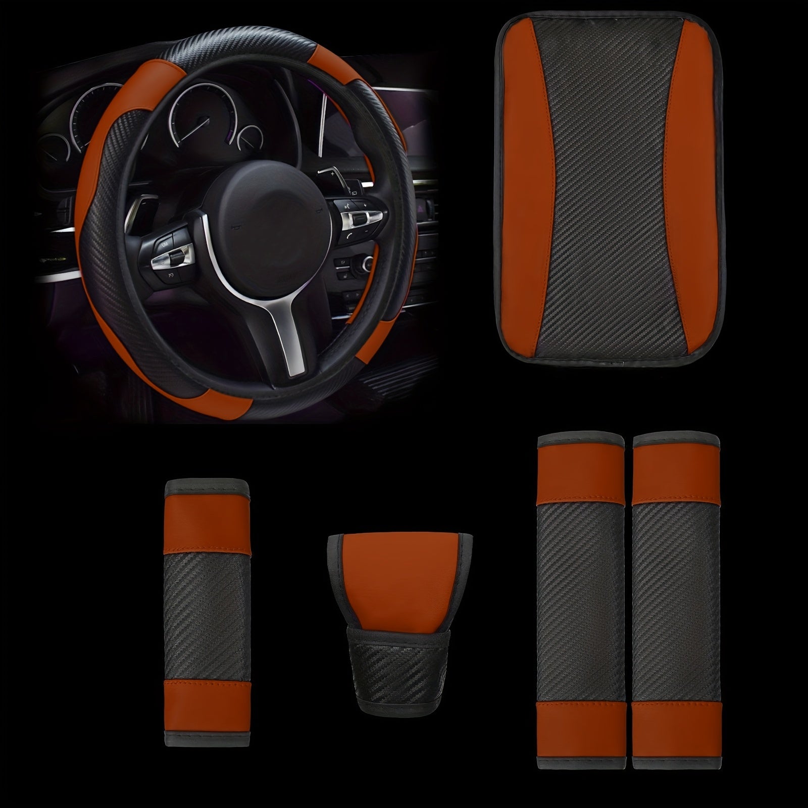 Universal avtomobil ichki bezaklar to'plami, 6 ta qism, PU charm bilan boshqarish g'ildiragi qopqog'i