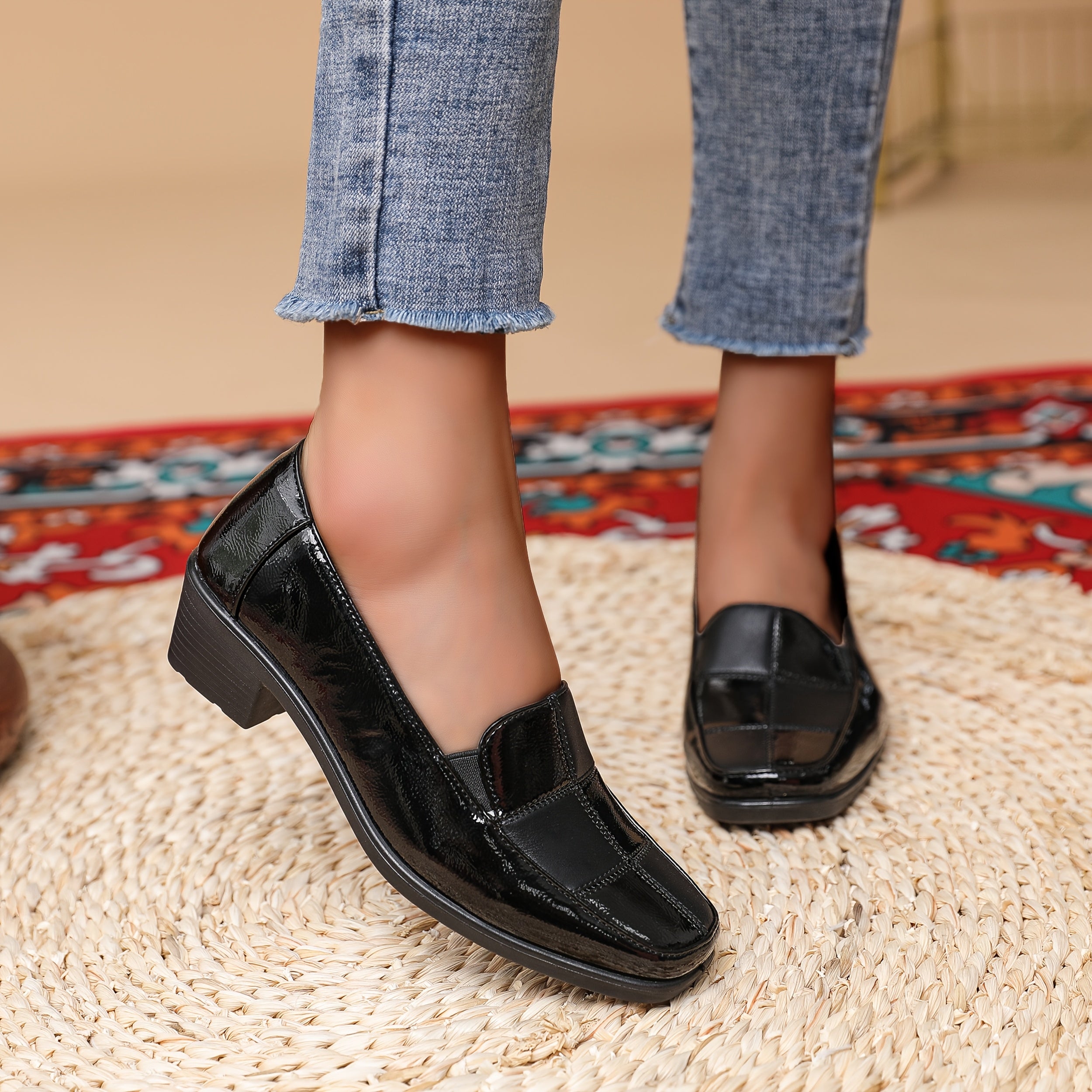 Women's Black Chunky Heel Square Toe Slip-On Shoes