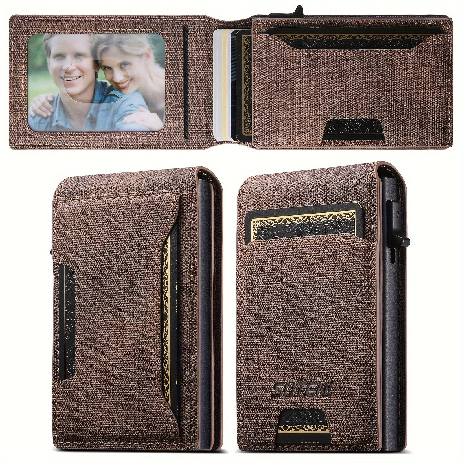 Men Women Bifold Wallet Leather Card Holder with Photo Slot in Black Brown Blue