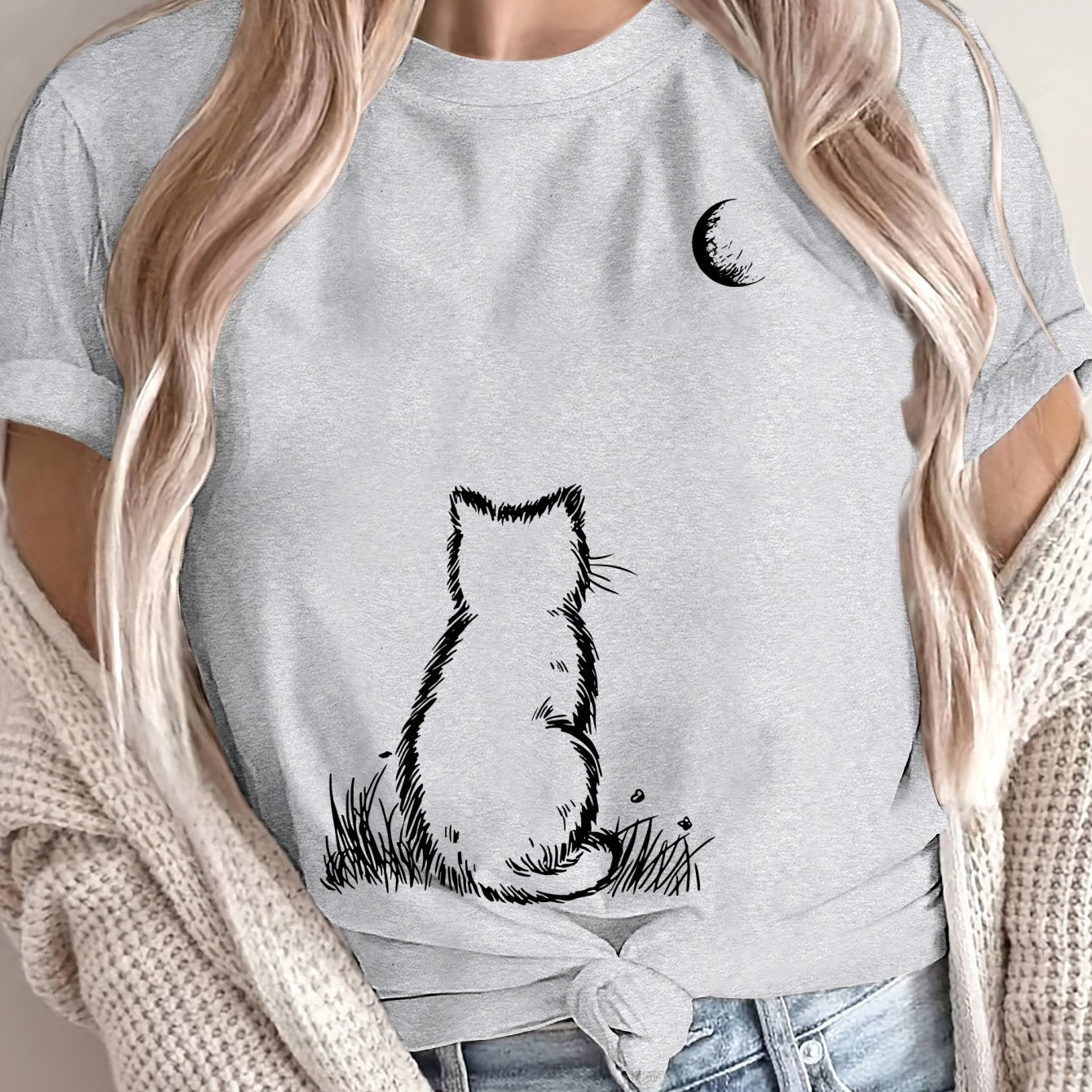 Women's Plus Size Loose Fit T Shirt Pink Geometric Cat Moon Print Casual Top
