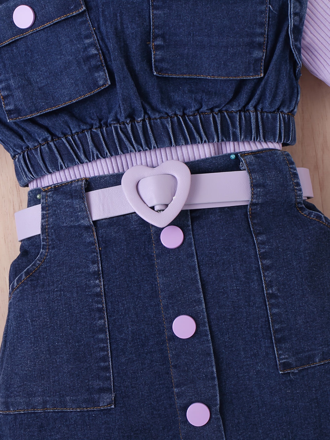 Girls' Casual Outfit Set with High Neck Long Sleeve Top Denim Vest and Pleated Knee-Length Skirt