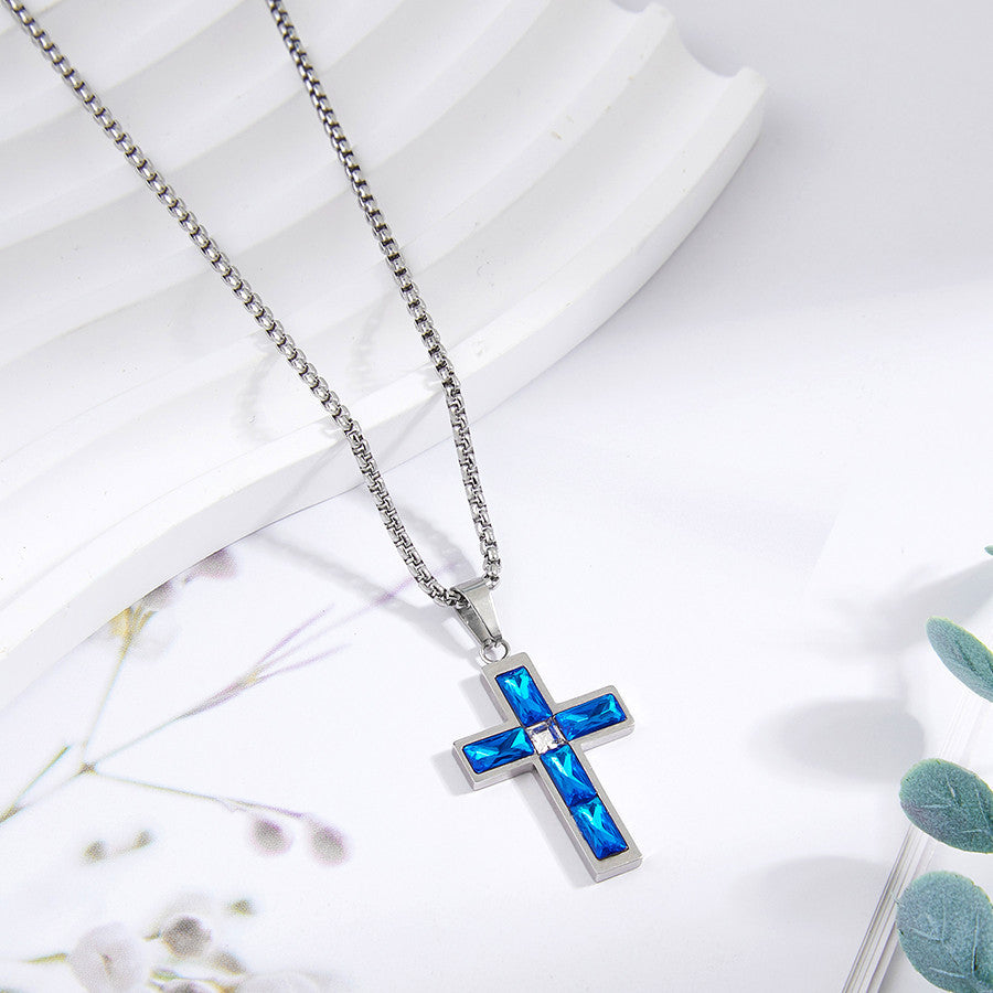 Blue Love Cross Necklace for Men and Women with Glass Pendant Gift