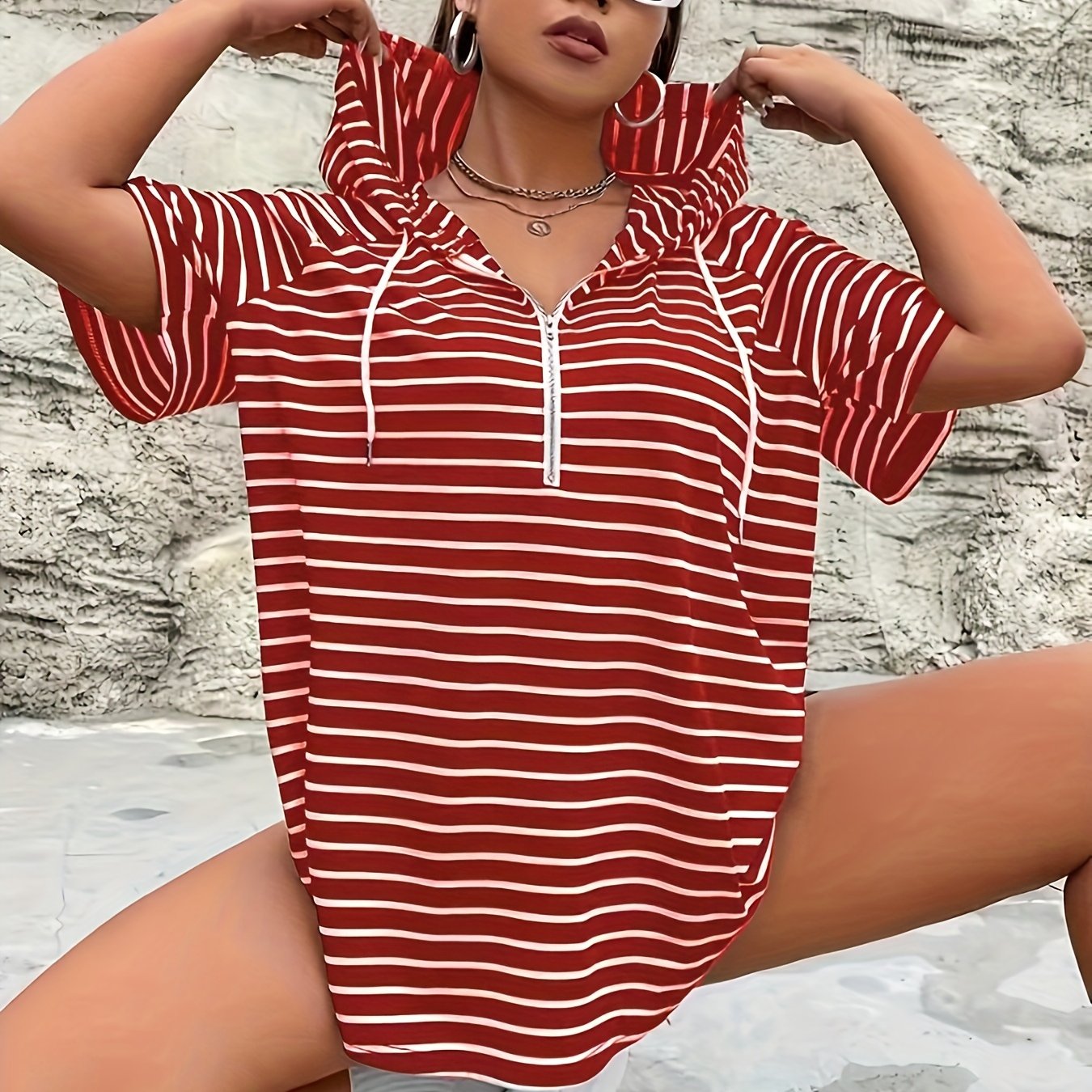 Women's Red and White Striped Hooded T-Shirt with Zipper Drawstring and Kangaroo Pocket