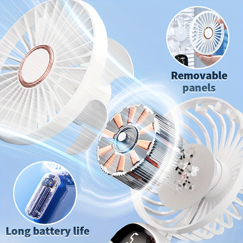 Portable Mini Fan with LED Display, USB Rechargeable, Foldable Light Gray