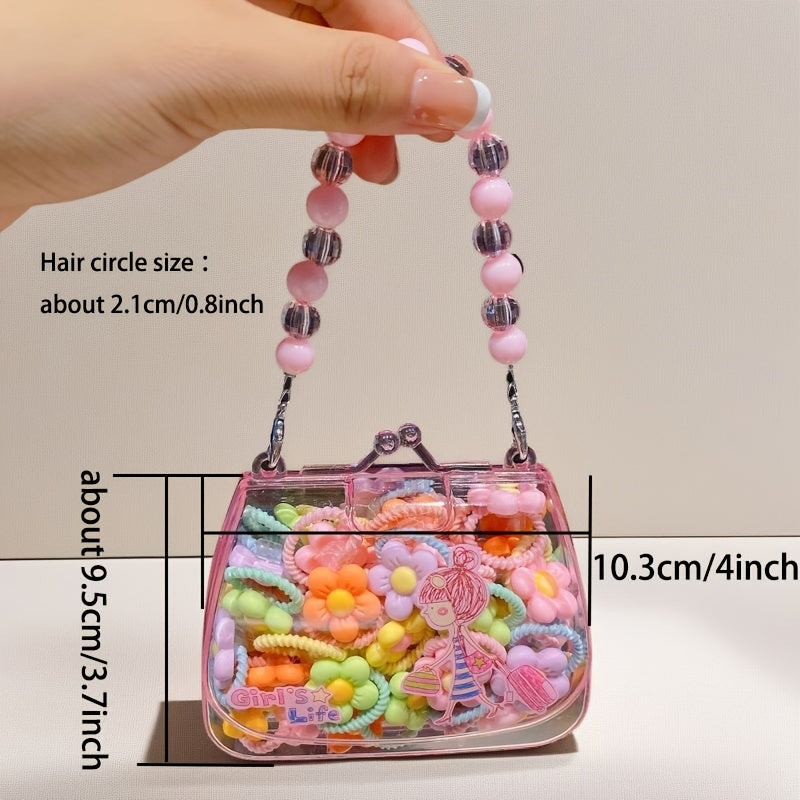 Qizlar uchun aralash ranglarda 20 ta qiziqarli multfilm soch bog'ichlari to'plami, pushti sun'iy marvaridli sovg'a qutisi bilan