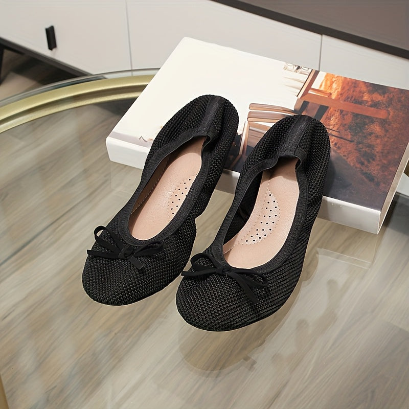 Bailarinas de punto transpirables para mujer con lazo, zapatos casuales sin cordones