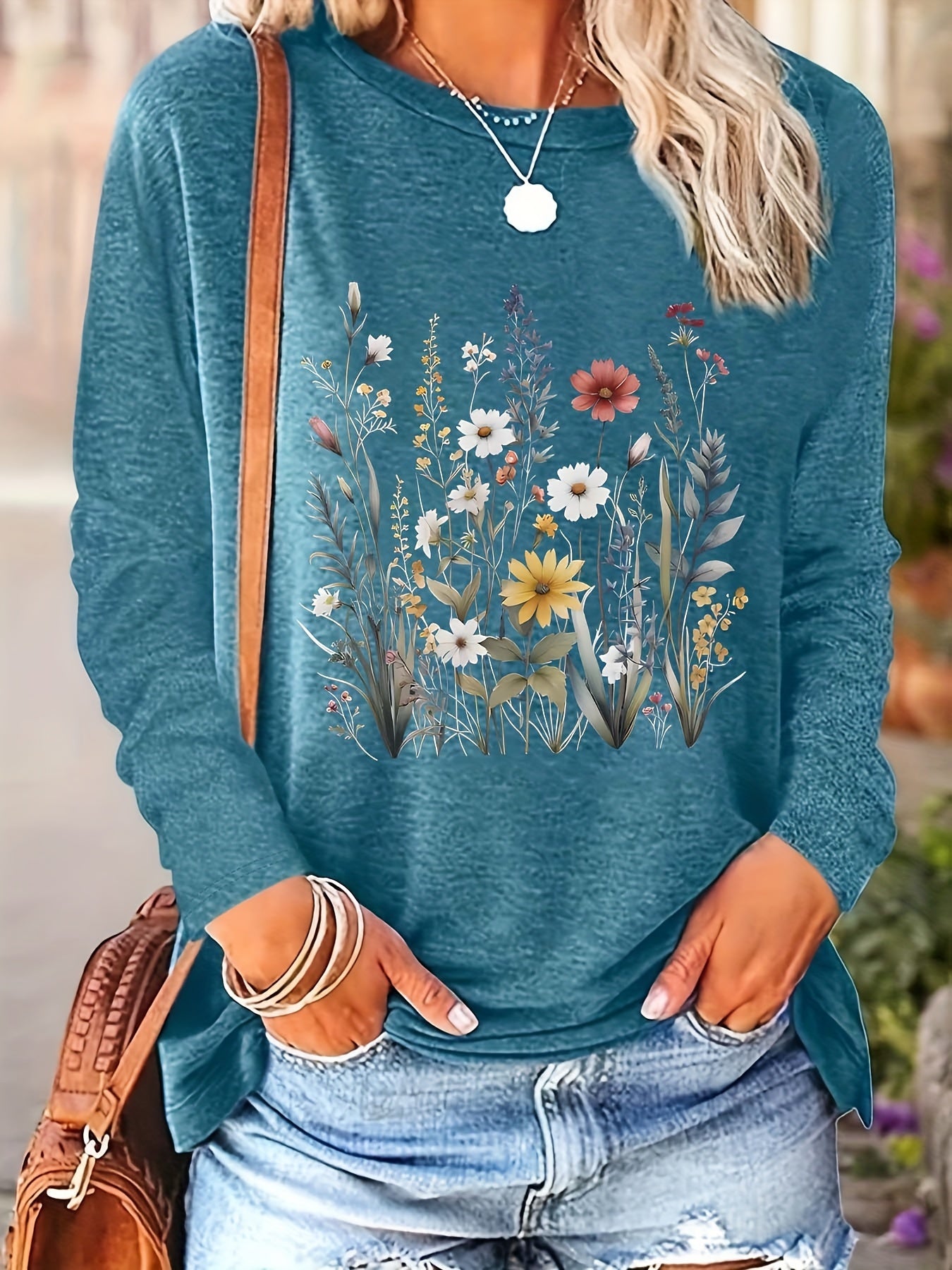 Women's Floral Print Crew Neck T-Shirts, Long Sleeve Polyester Tops