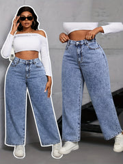 Plus Size High Waist Straight Leg Jeans Casual Washed Denim Solid Color Wide Leg Pants