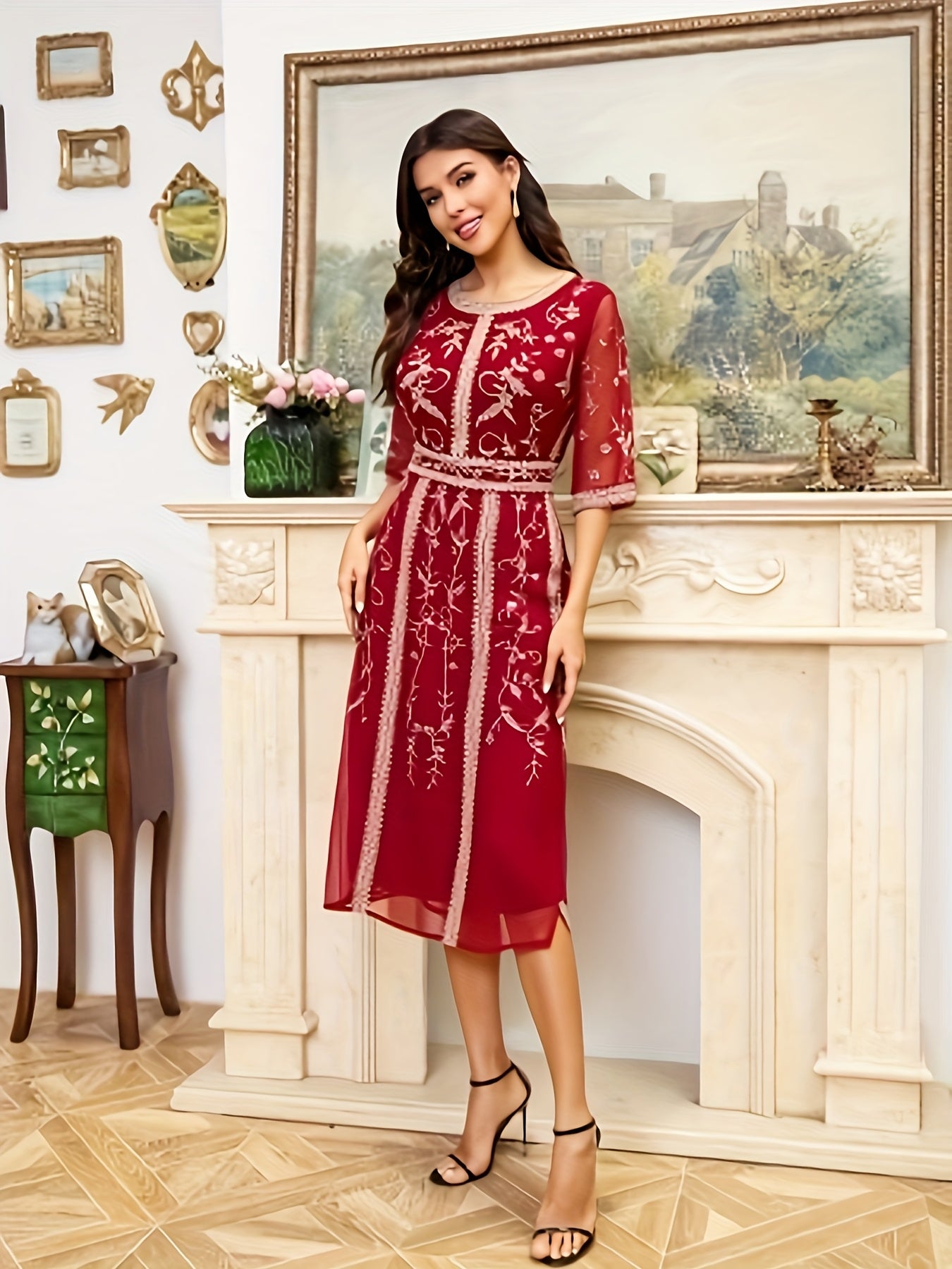 Women's Red Embroidered Sleeveless Dress with Geometric Pattern