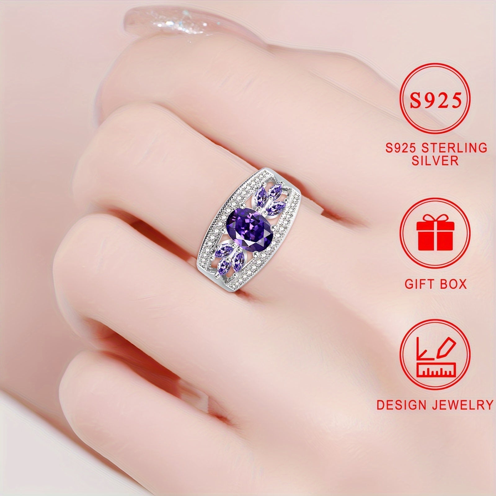 Sterling Silver Ring with Purple Cubic Zirconia Hypoallergenic Nickel-Free Jewelry for Women