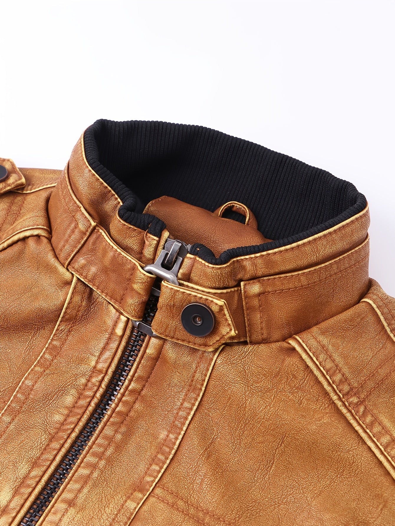 Men's Retro Motorcycle PU Jacket with Zipper and Multiple Pockets for Autumn Winter