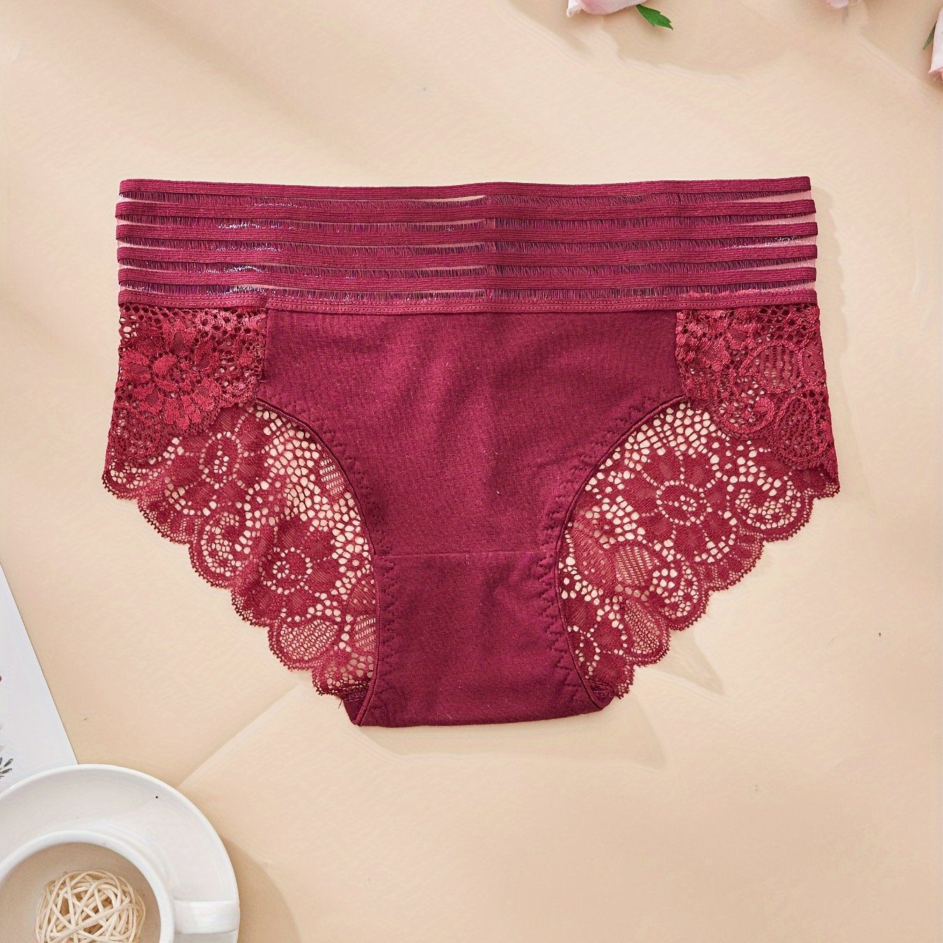 Women's Sheer Striped Lace-Trimmed Nylon Panties Breathable Comfortable