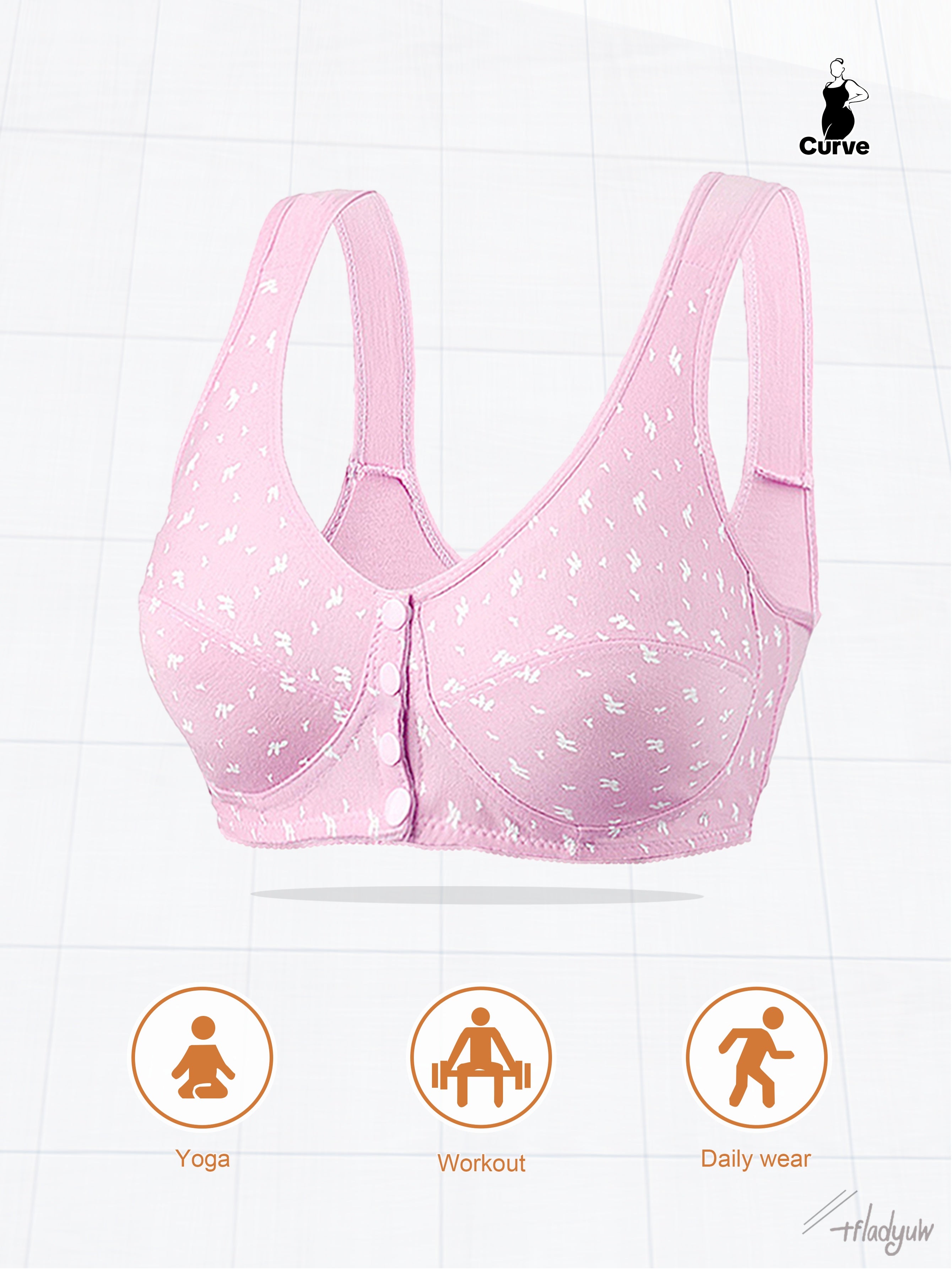 Women's Plus Size Wireless Bra Set with Buttons, Random Prints, Comfortable