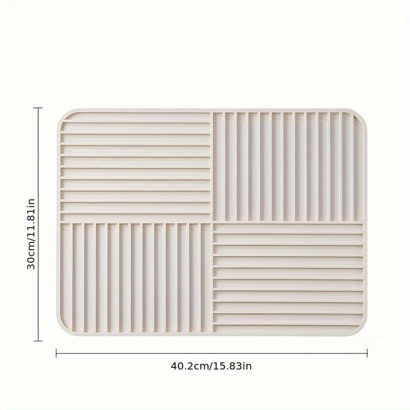 Estera de silicona beige para secar platos con relieves elevados, plegable, resistente al calor, absorbente y organizador de cocina