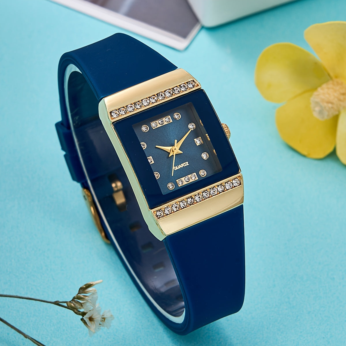 Women's Square Fashion Silicone Watch with Rhinestones and Elegant Design