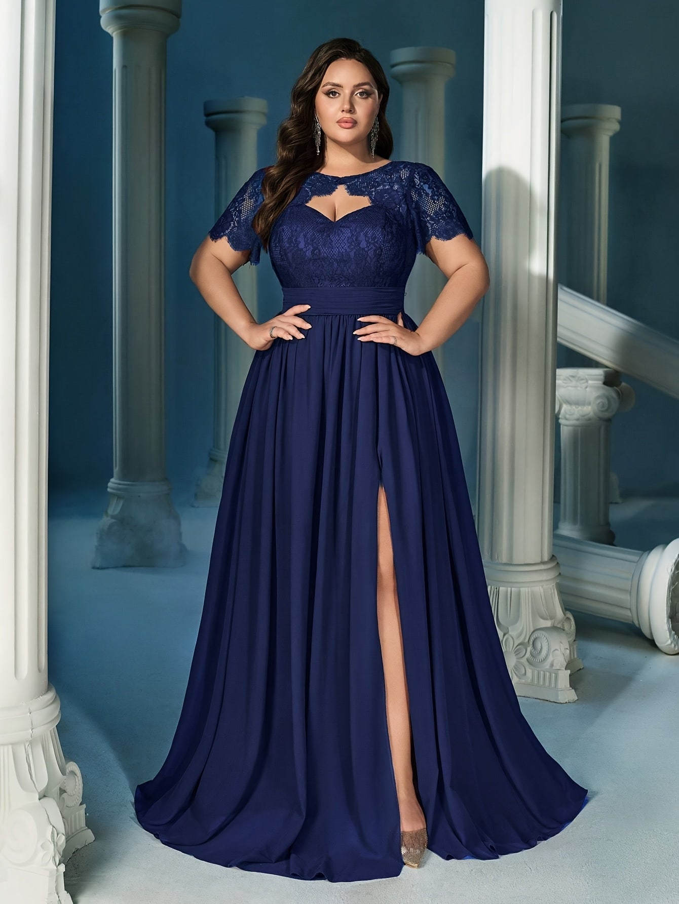 Vestido largo de noche de mujer talla grande con encaje, cintura alta, vestido formal