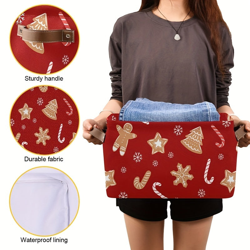 Прямоугольная складная новогодняя корзина для хранения снега с кожаной ручкой 36x26см Ткань