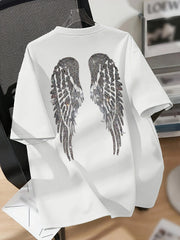 Women's Black Crew Neck T-Shirt with Wing Design Short Sleeve Polyester Blend