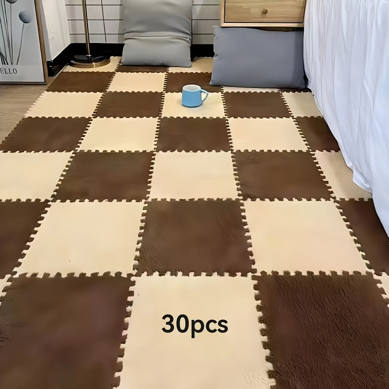 Set of 30 Braided Flannel Area Rugs Square Mats Low Pile Floor Tiles for Bedroom Living Room