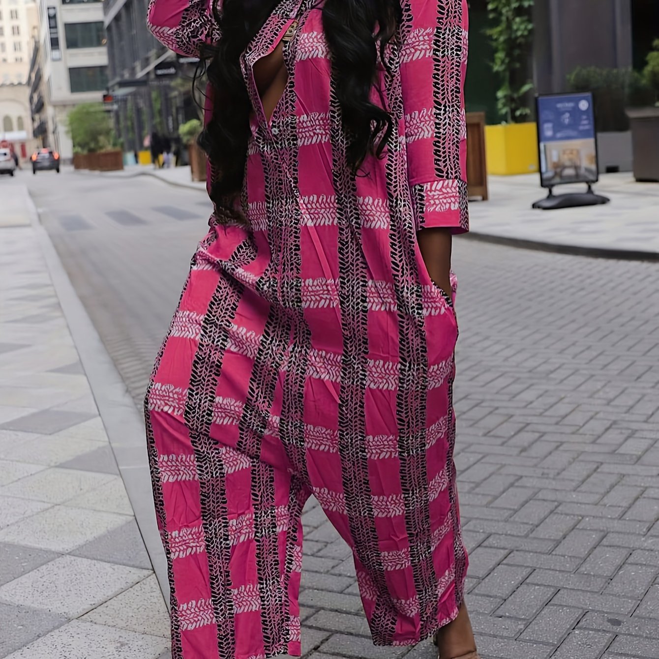 Plus Size Plaid Jumpsuit Casual Long Sleeve Button-Front Women‍s Clothing