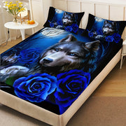 Conjunto de ropa de cama de lobo místico y rosa azul con sábana ajustable y fundas de almohada, impresión digital para todas las estaciones