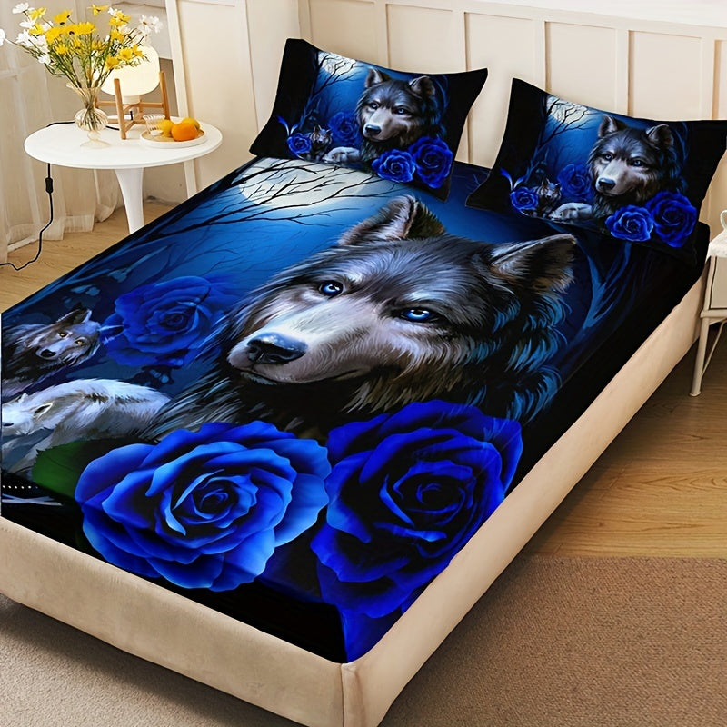 Conjunto de ropa de cama de lobo místico y rosa azul con sábana ajustable y fundas de almohada, impresión digital para todas las estaciones