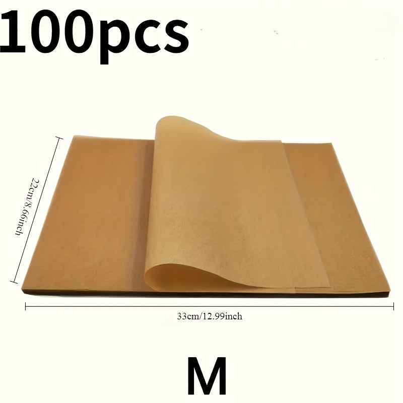 100 dona O'zgaruvchan bo'lmagan pishirish qog'ozlari, yopishmaydigan, ovqat uchun xavfsiz, pech va gril uchun
