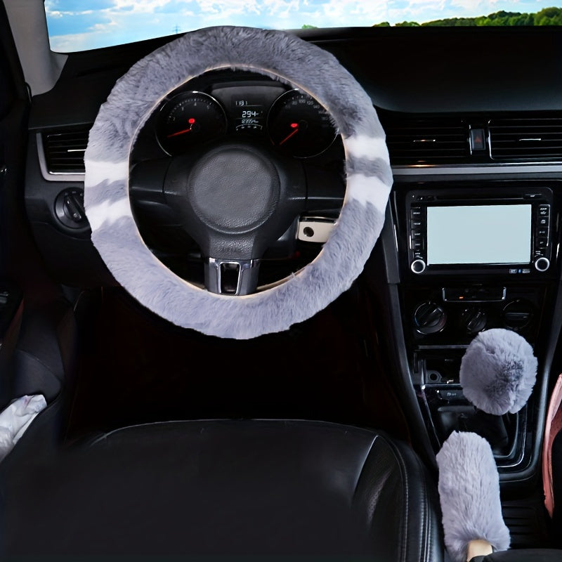 3pcs Winter Fur Plush Steering Wheel Covers Handbrake Gear Shift Fluffy Car SUV