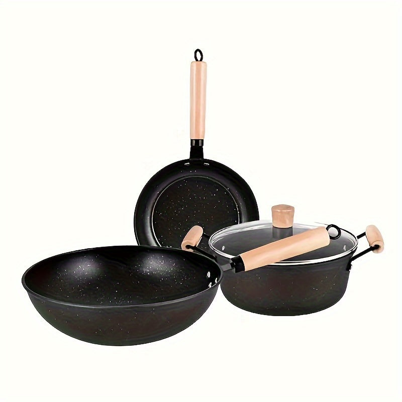 Cast Iron Cookware Set 3-Piece Non-Stick Skillet Soup Pot Frying Pan Flat Bottom
