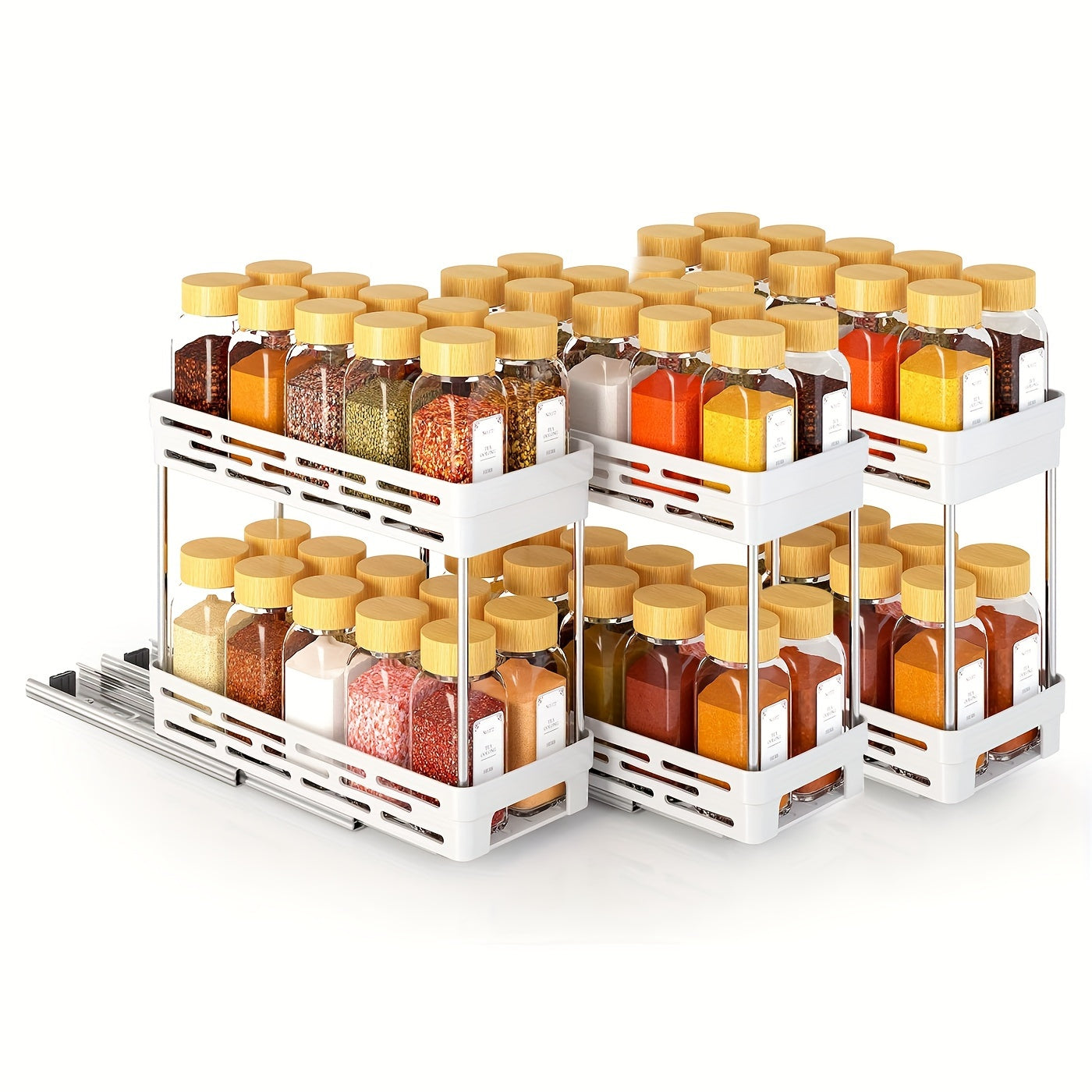 Set of 3 Pull-Out Spice Rack Organizers for Cabinets, Space-Saving, Holds 10 Jars