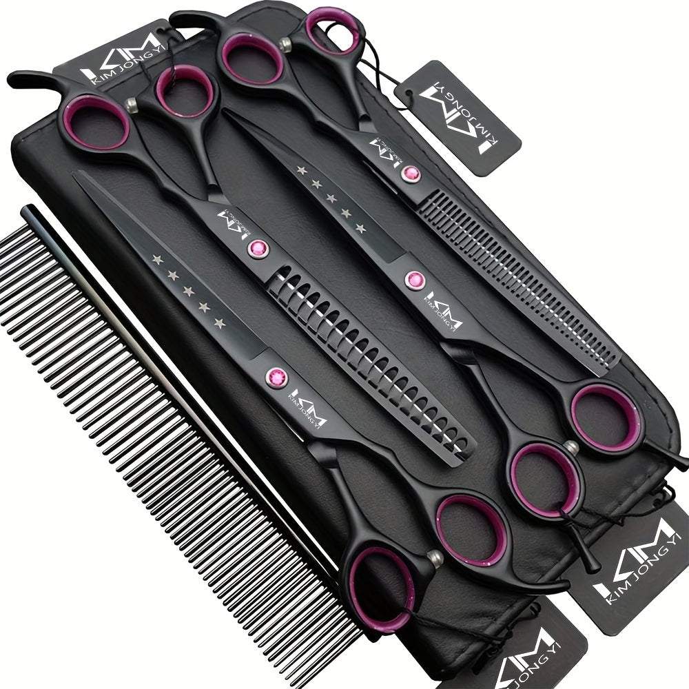 Dog Grooming Scissors Set 4 Pieces Stainless Steel Professional with Straight Thinning Curved Chunkers and Comb