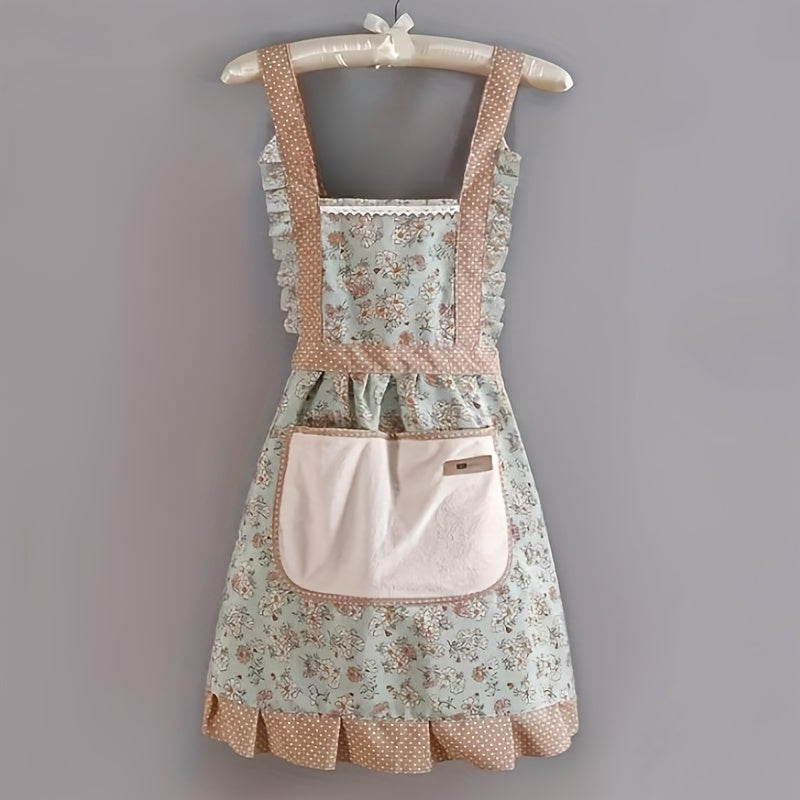 Delantal de lona con estampado floral y bolsillo, resistente, para jardín, cocina, barbacoa, pintura