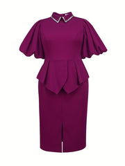 Plus Size Women's Midi Dress Rhinestone Bubble Sleeve High-Low Gown