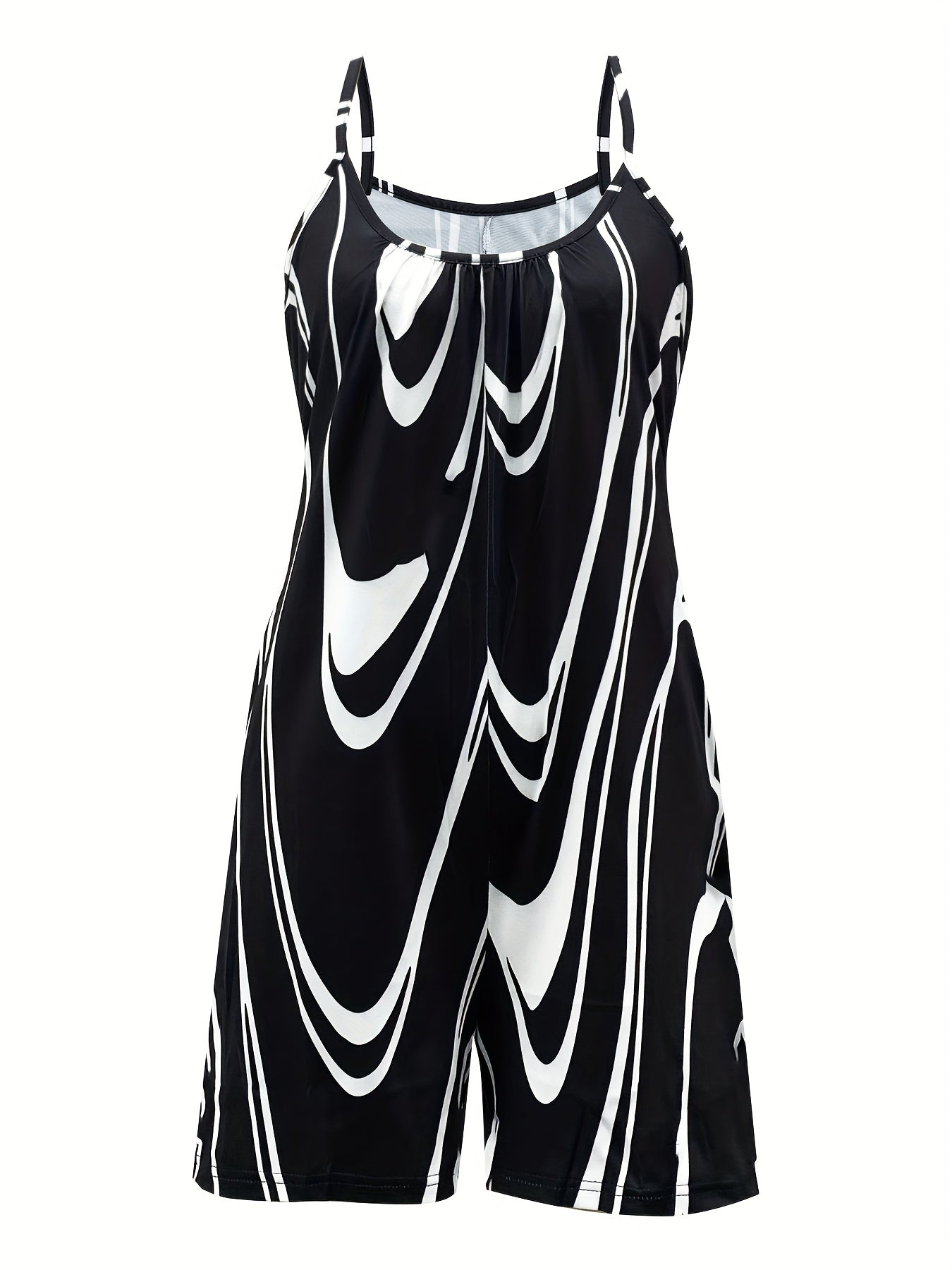 Mono de mujer talla grande a rayas negras y blancas con bolsillos y pantalones cortos envolventes