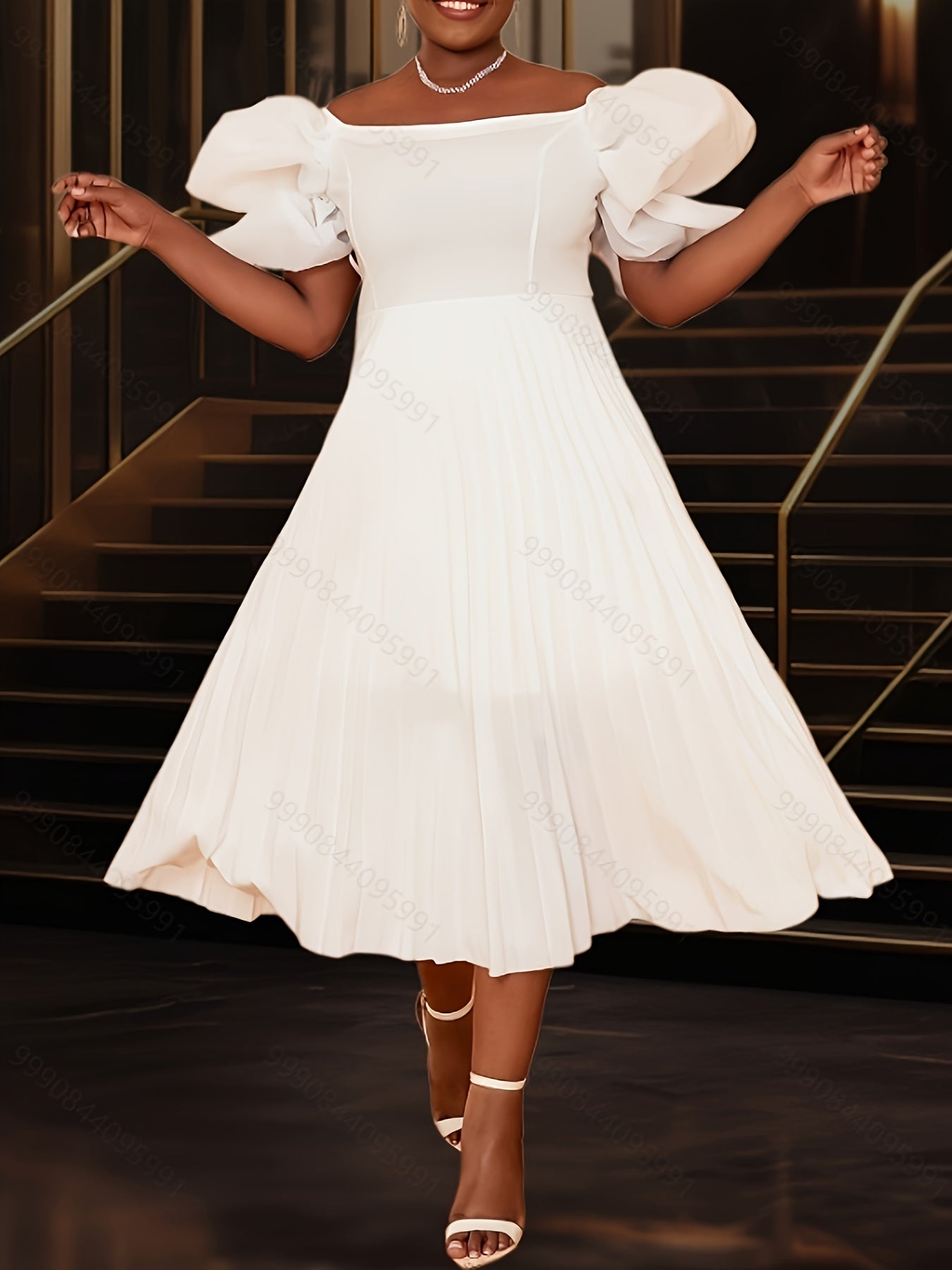 Plus Size Women's Off-the-Shoulder Wedding Dress with Princess Sleeves White Midi Flared Skirt