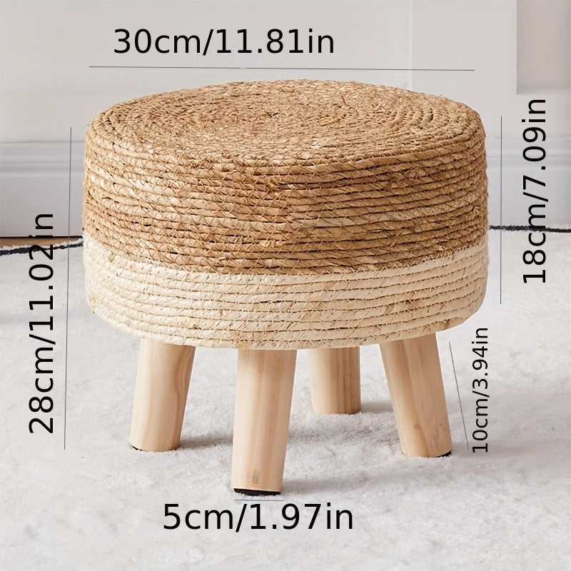 Handwoven Seagrass Round Footstool with Pine Wood Legs Non-Skid Base Rustic Home Decor