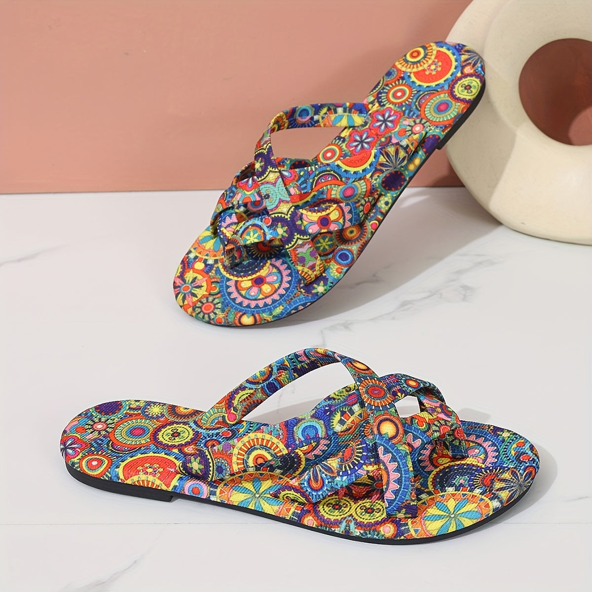 Plus Size Women's Bohemian Geometric Print Slip-On Sandals Open-Toe Summer Shoes